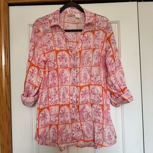 C&C CALIFORNIA Linen Button Up Shirt Womens Pink Linen V Neck Tunic Roll Tab